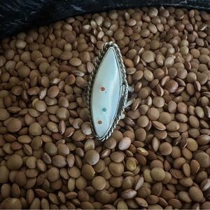 Elongated Vintage Zuni Inlaid Mother of Pearl Sterling Ring • Size: 7